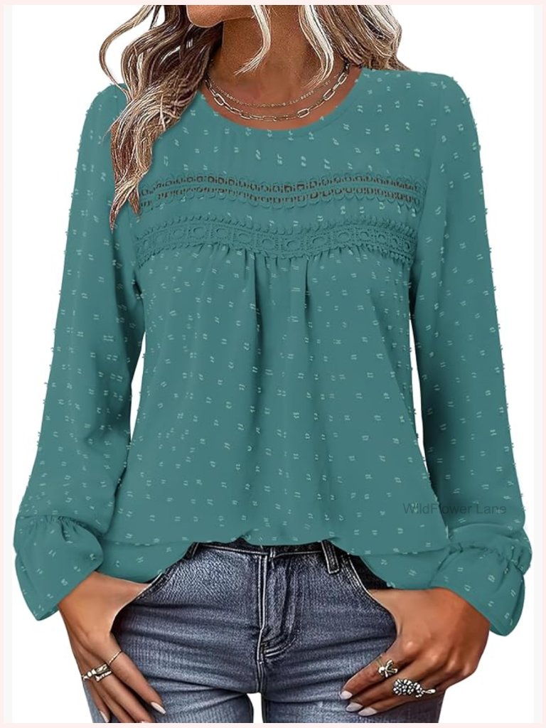 Boho Flowy Long Sleeve Crewneck Blouse Tunic Dressy Casual Tops